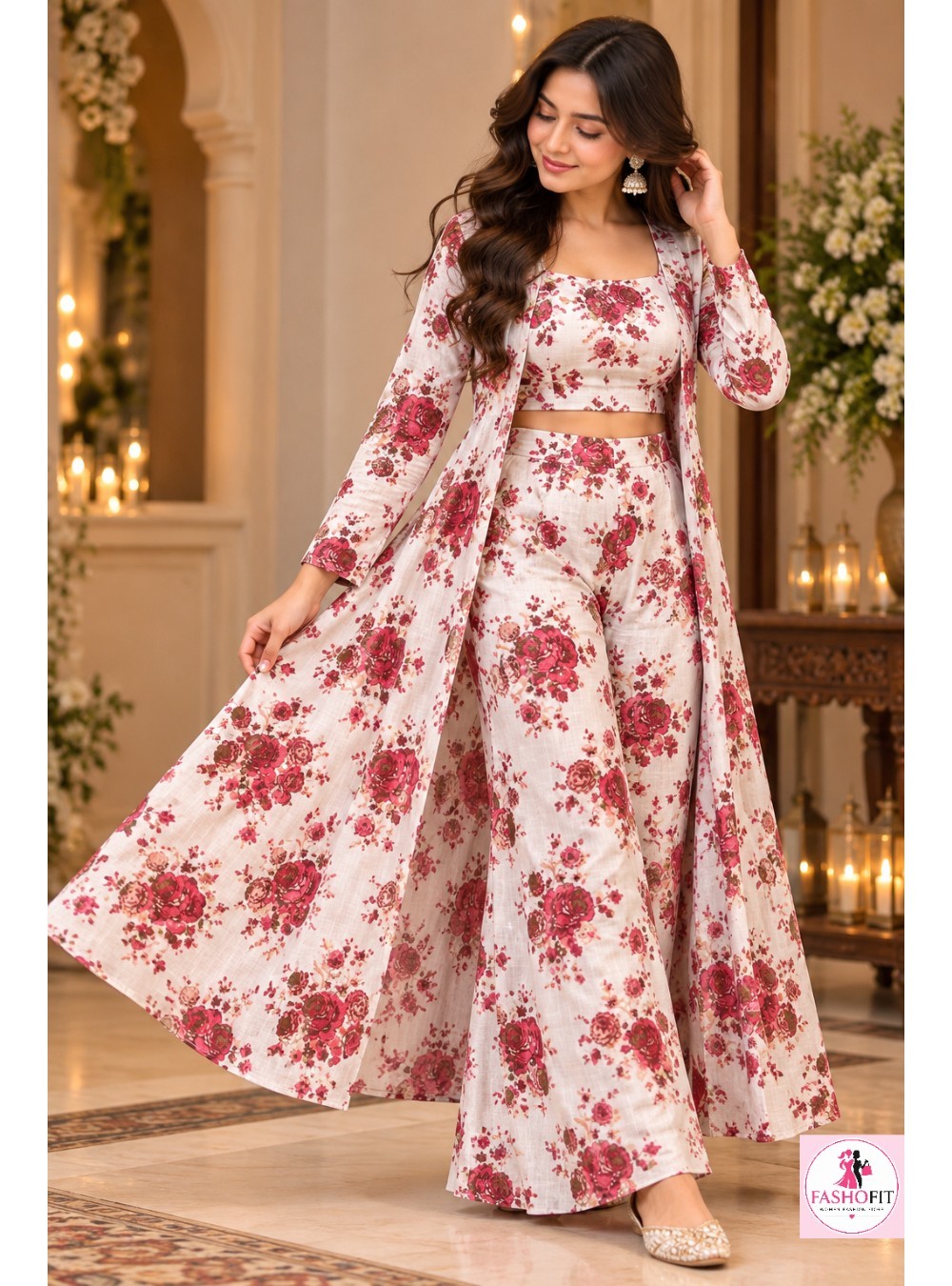 Floral Printed 3-Piece Co-Ord Set with Long Shrug