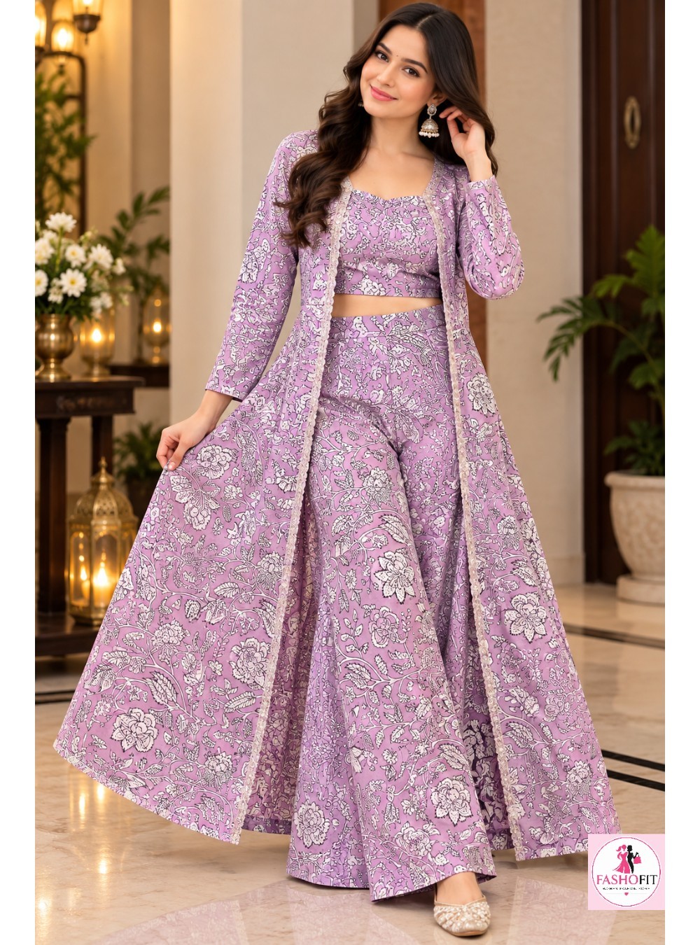 Floral Printed 3-Piece Co-Ord Set with Long Shrug
