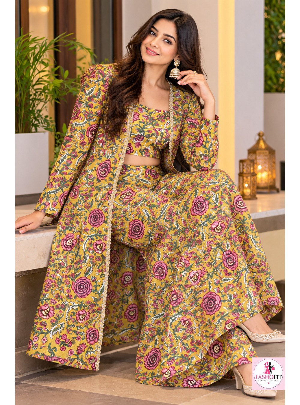Floral Printed 3-Piece Co-Ord Set with Long Shrug