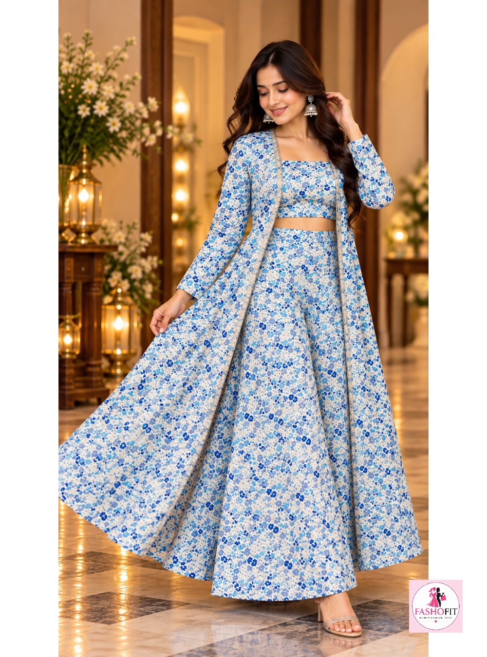 Floral Printed 3-Piece Co-Ord Set with Long Shrug